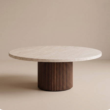 Table basse ronde en travertin avec pied en bois, Table Rena – Moroccan Home Signature