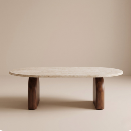 Table basse en travertin avec pieds en bois, Table Ovia – Moroccan Home Signature