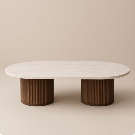 Table ovale en travertin et pieds en bois,Table Alto – Moroccan Home Signature